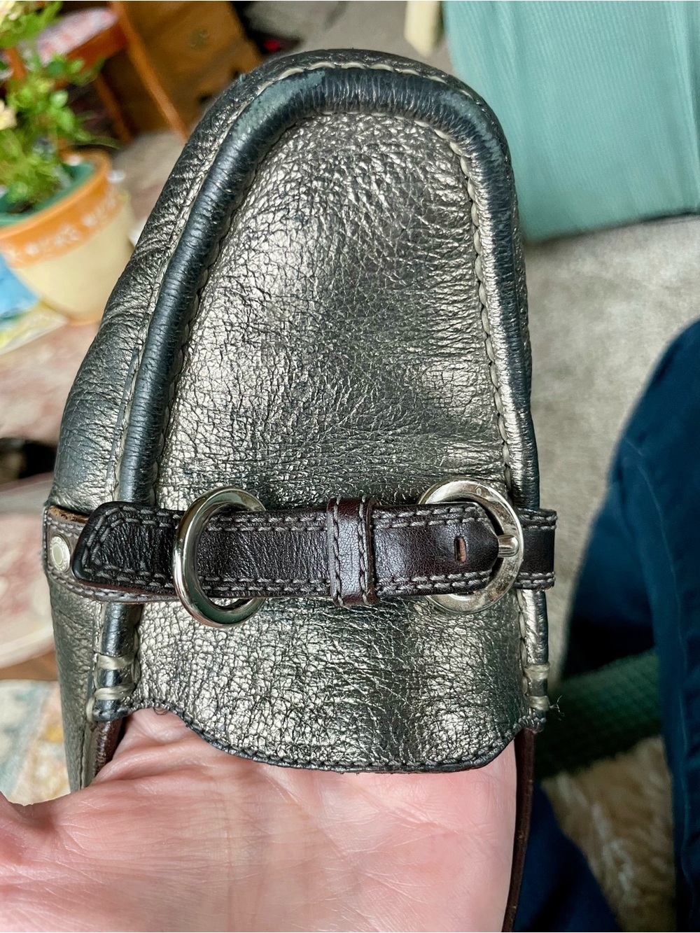 Sz 10 Coach Metallic Greenish Bronze With Brown Trim Leather Women's Loafers - Picture 10 of 12